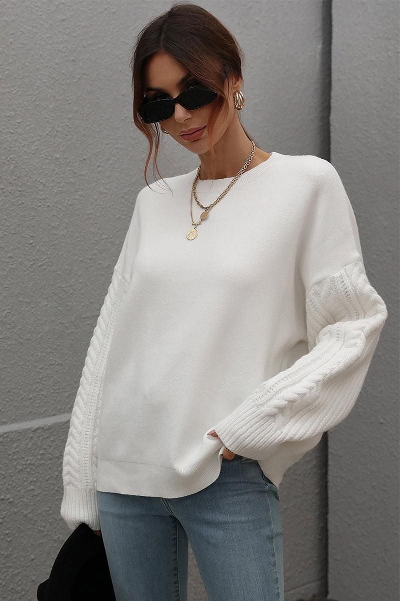 LOOSE FIT CABLE KNIT SLEEVE SWEATER TOP - Doublju