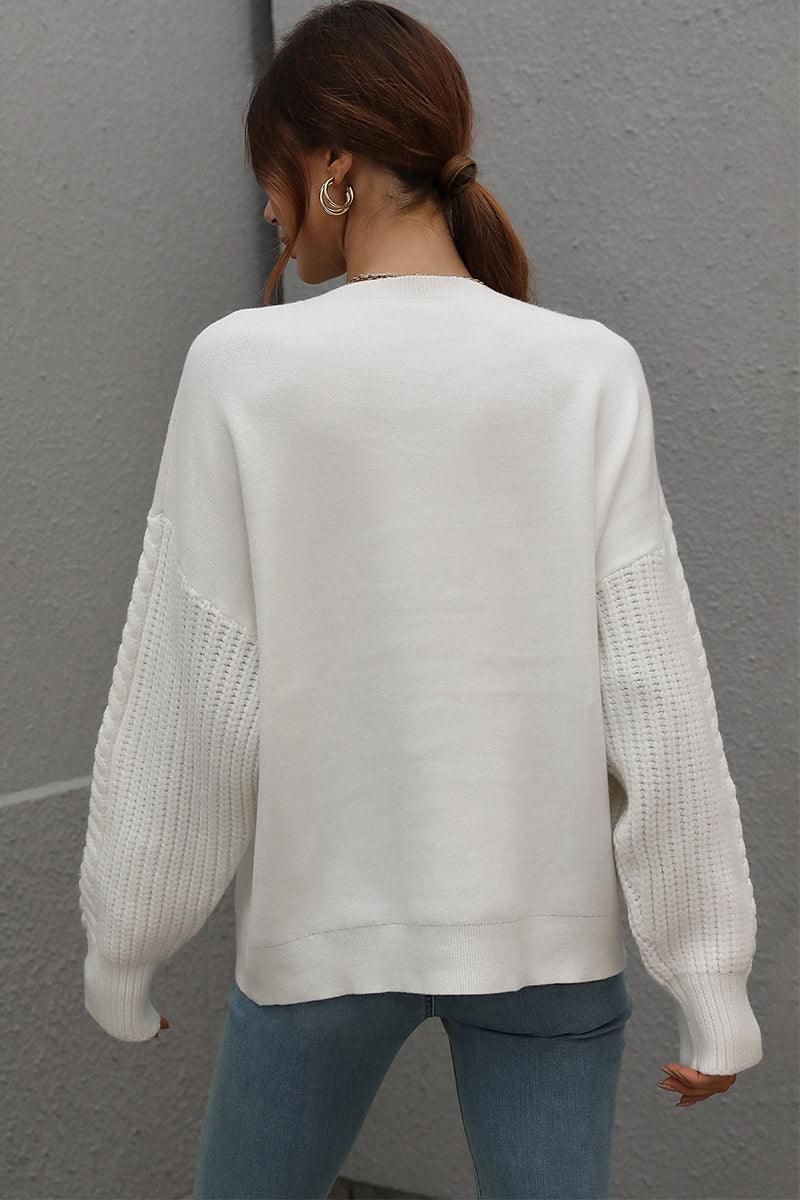 LOOSE FIT CABLE KNIT SLEEVE SWEATER TOP - Doublju
