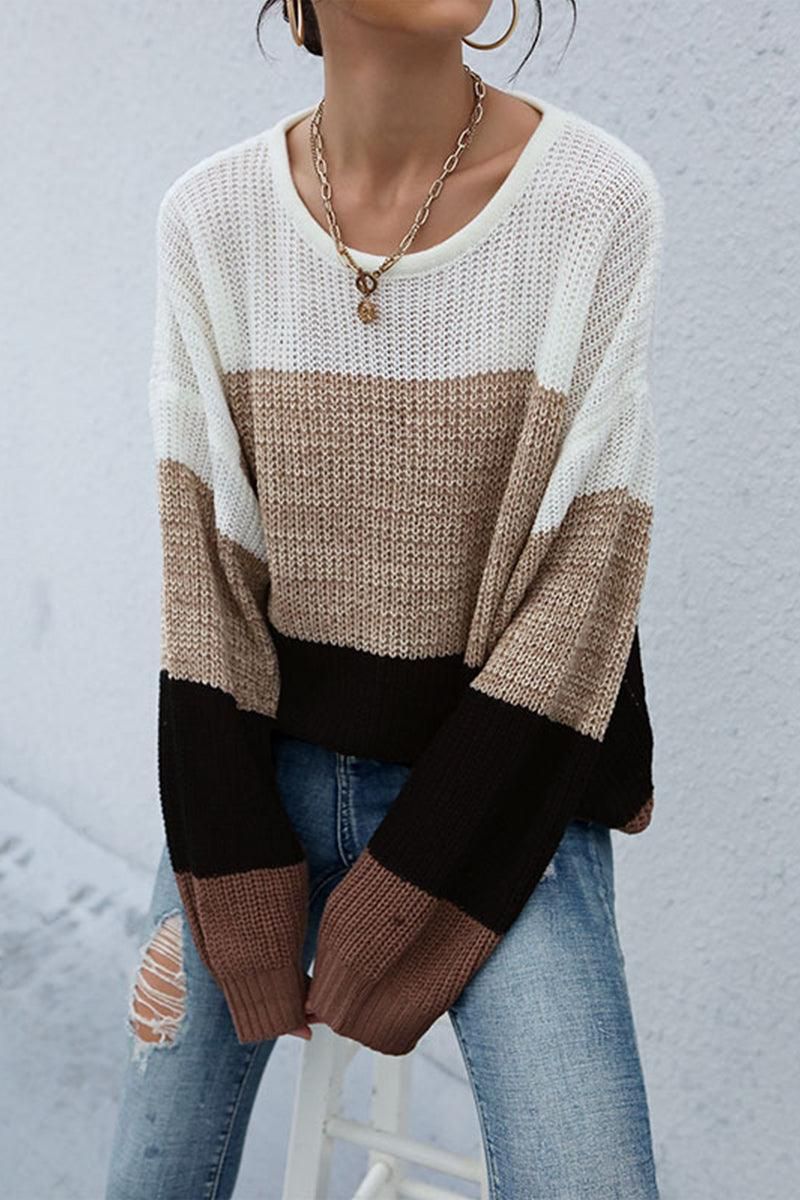 LOOSE FIT COLOR BLOCK KNITTED SWEATER - Doublju