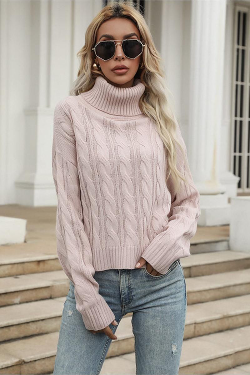 CABLE KNITTED TURTLE NECK SWEATER TOP - Doublju