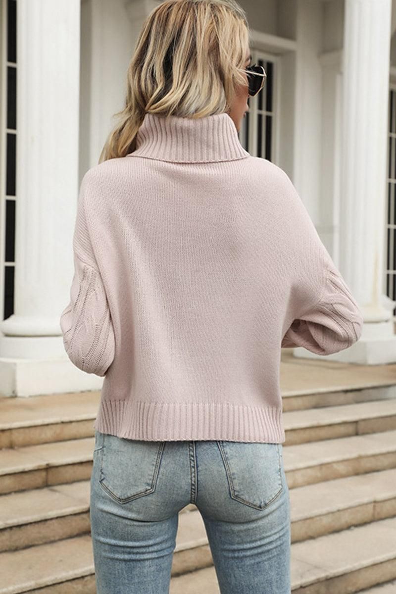 CABLE KNITTED TURTLE NECK SWEATER TOP - Doublju