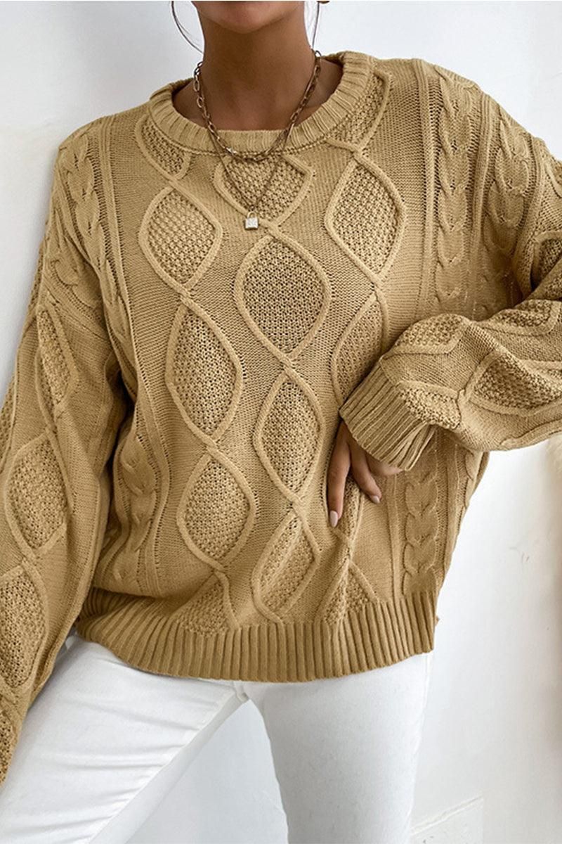 TWIST CABLE KNIT RIBBED NECK DAILY SWEATER - Doublju