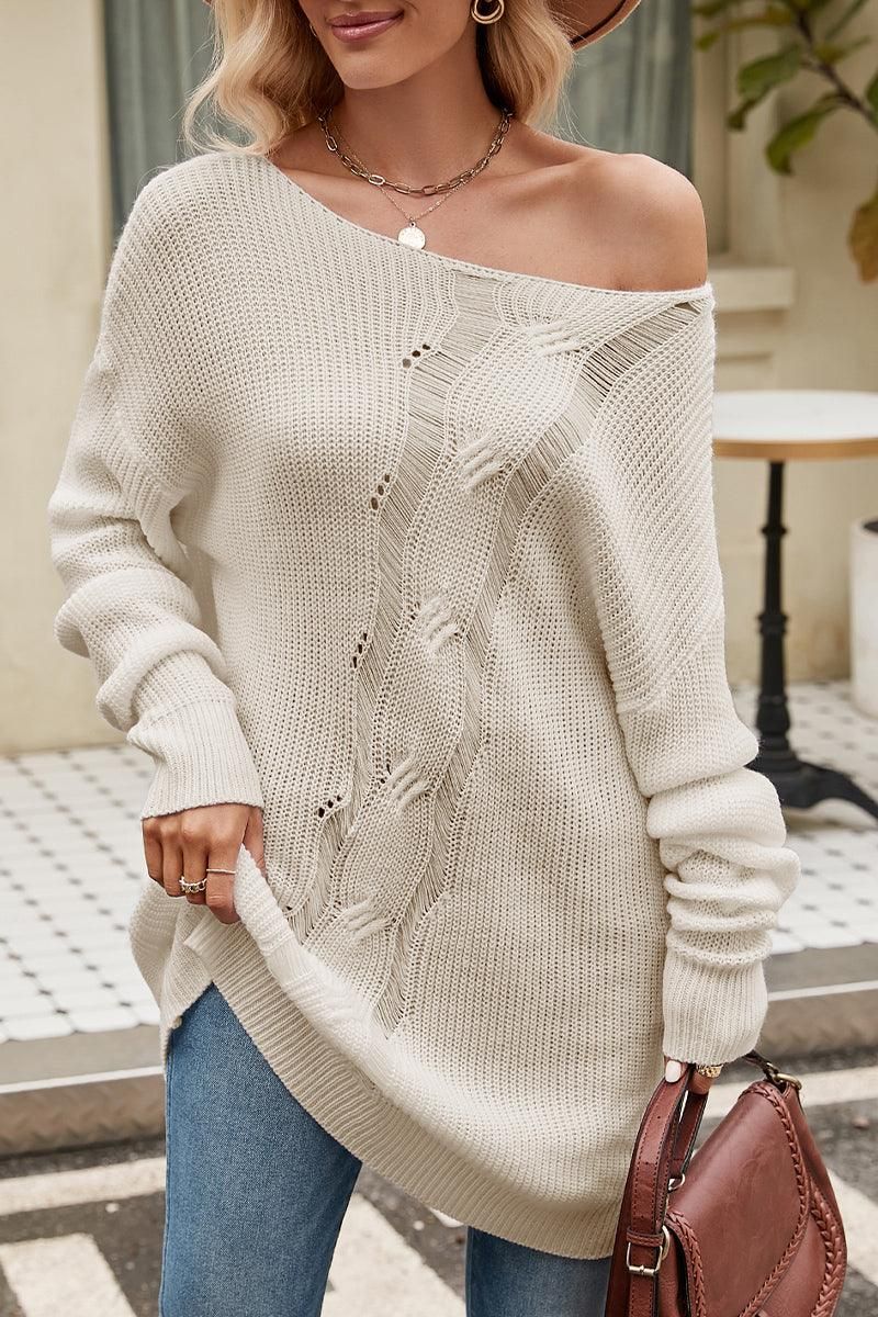 WOMEN OVERSIZED LOOSE FIT HOLLOW KNITTED SWEATER，100% ACRYLIC，SIZE S(2)-M(2)-L(2)-XL(2)，MADE IN CHINA，WOMEN SWEATER - Doublju