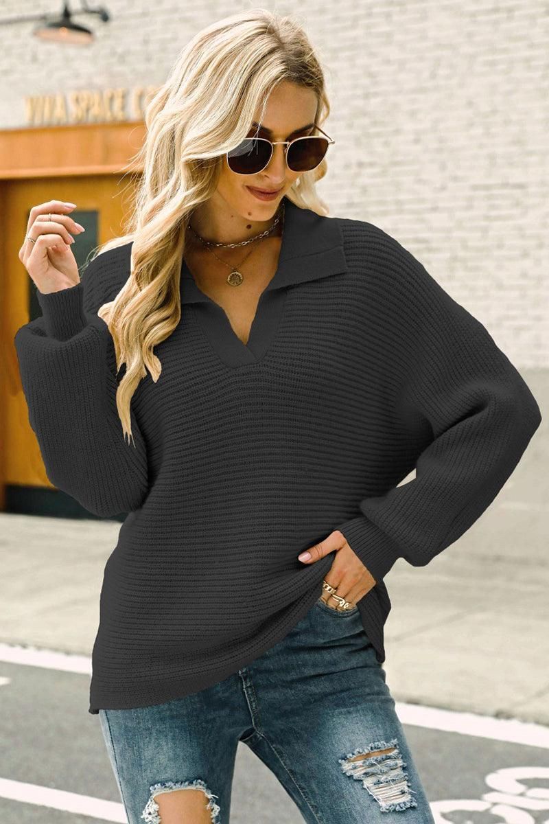 WOMEN LOOSE FIT PULLOVER LAPEL KNIT SWEATER - Doublju