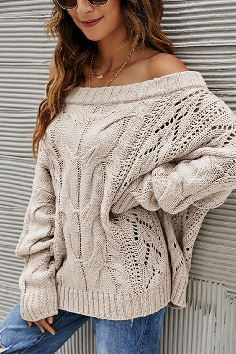 OFF SHOULDER CABLE CHUNKY KNIT OVERSIZED SWEATER，100% ACRYLIC，SIZE S(2)-M(2)-L(2)-XL(2)，MADE IN CHINA，WOMEN BLAZER - Doublju