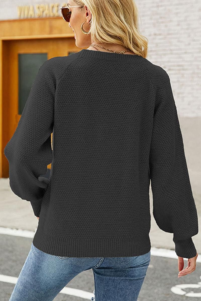 WOMEN CABLE KNITTED RIB SLEEVE PULLOVER SWEATER - Doublju