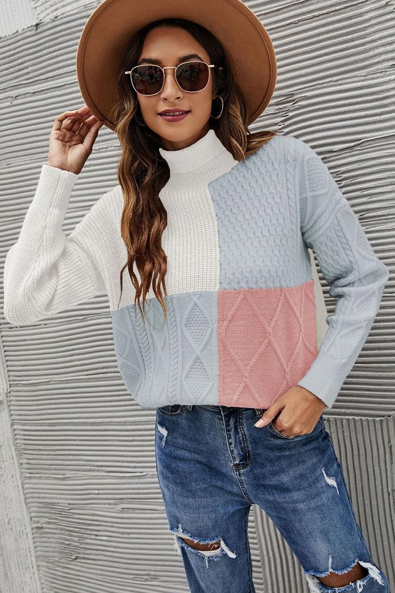 WOMEN TURTLE NECK COLOR BLOCK KNIT SWEATER - Doublju