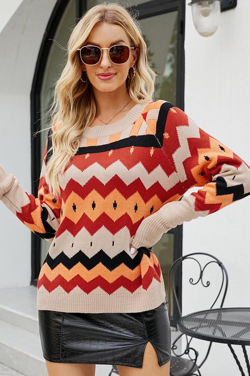 WOMEN RIBBED BOHEMIAN PATTERN KNITTED SWEATER - Doublju