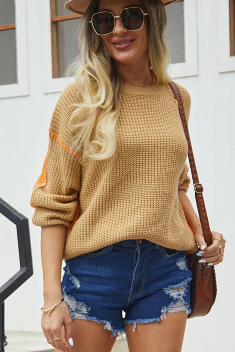 WOMEN CABLE KNITTED COLOR BLOCK JUMPER TOP - Doublju