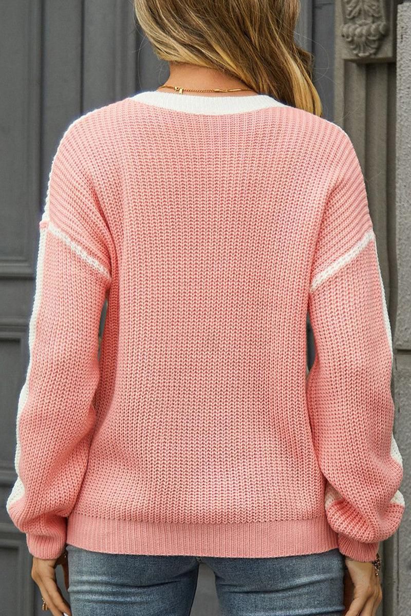WOMEN CABLE KNITTED COLOR BLOCK JUMPER TOP - Doublju
