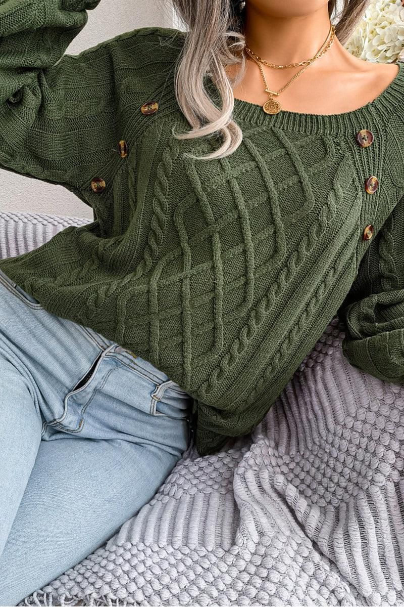CABLE KNIT BUTTON DETAILED PULLOVER SWEATER - Doublju