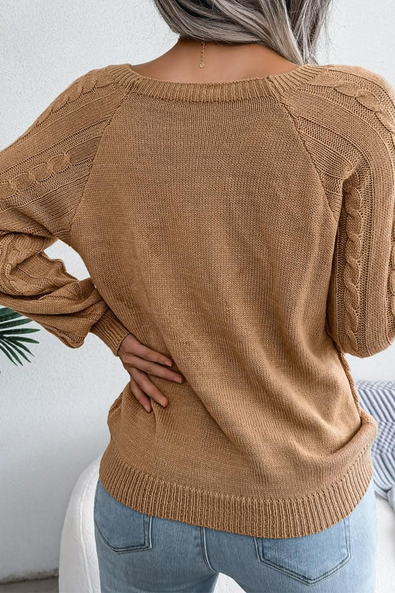 CABLE KNIT BUTTON DETAILED PULLOVER SWEATER - Doublju