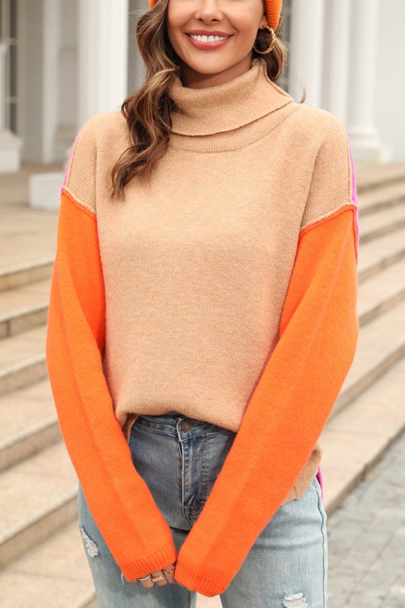 SPLICED FASHION HIGH NECK PULLOVER SWEATER