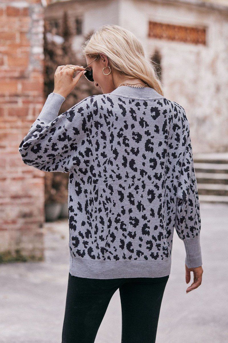 WOMEN LOOSE RIBBED NECK LEOPARD PULLOVER