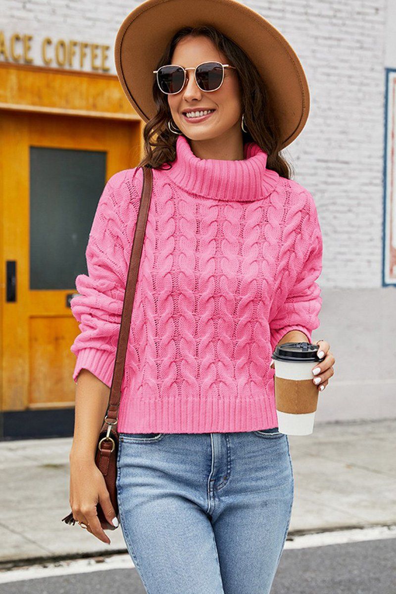 WOMEN TWIST CHUNKY CABLE KNIT TURTLE NECK SWEATER