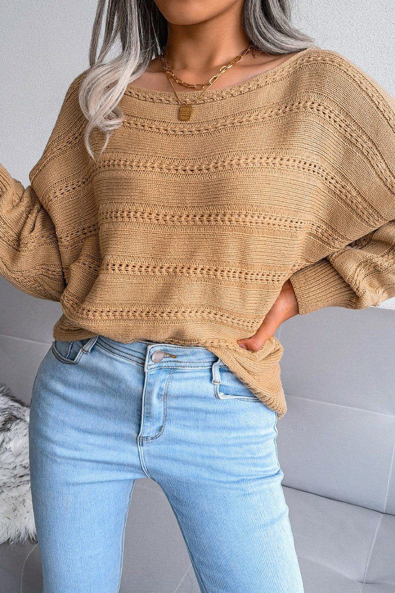WOMEN CABLE KNIT BOAT NECK OVERSIZED SWEATER