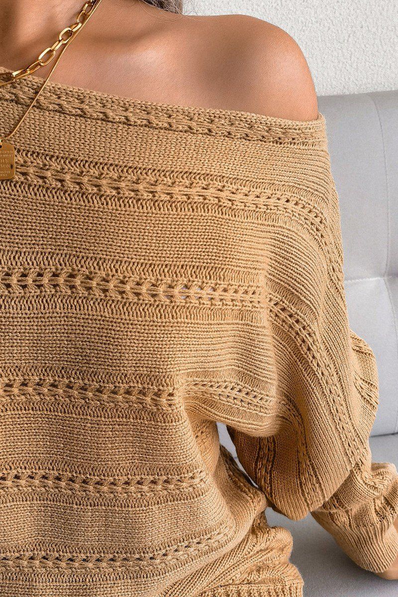 WOMEN CABLE KNIT BOAT NECK OVERSIZED SWEATER