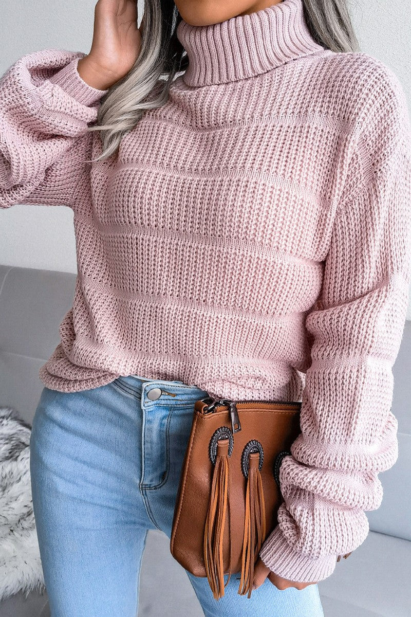 WOMEN CABLE KNITTED TURTLE NECK LOOSE FIT SWEATER