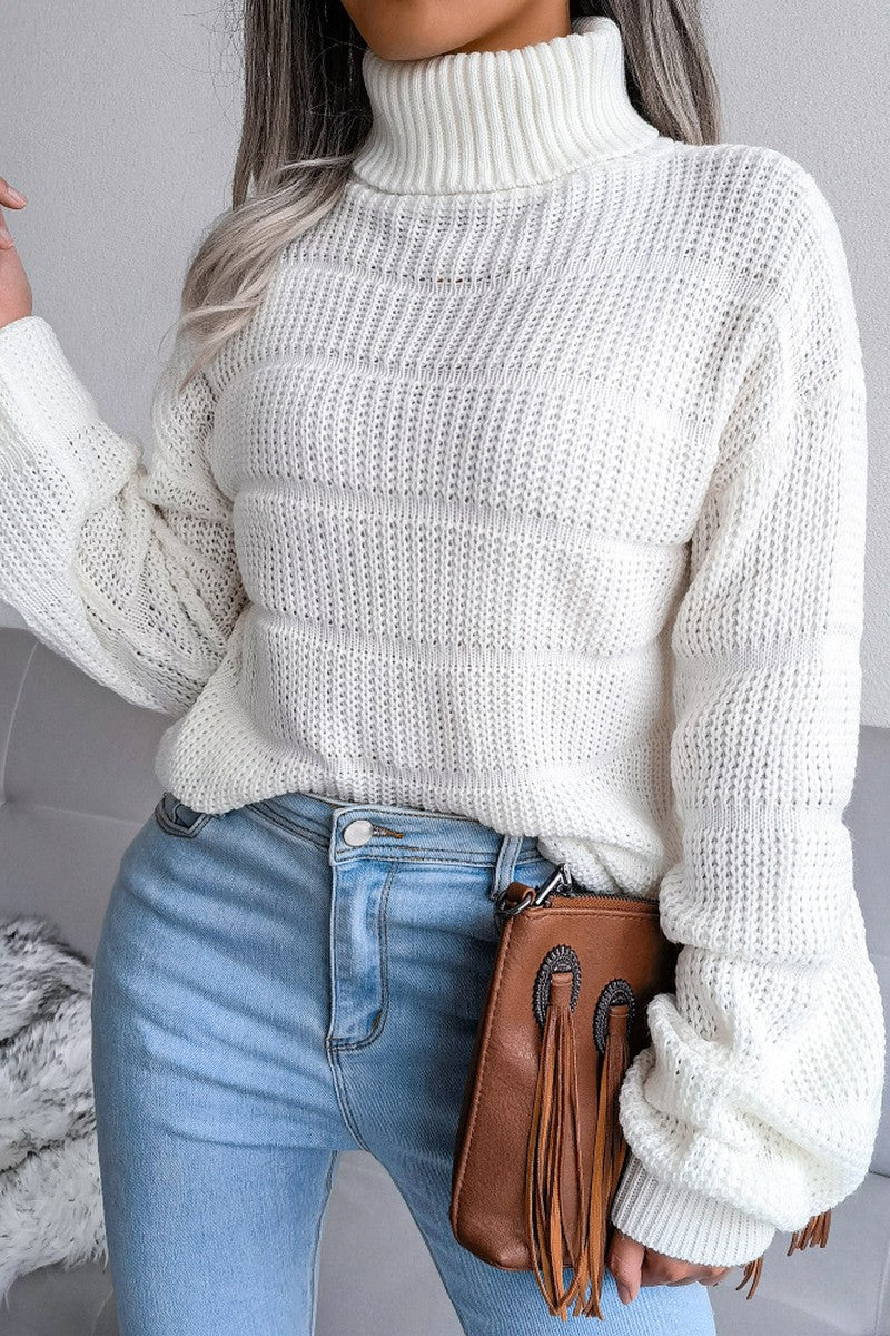 WOMEN CABLE KNITTED TURTLE NECK LOOSE FIT SWEATER