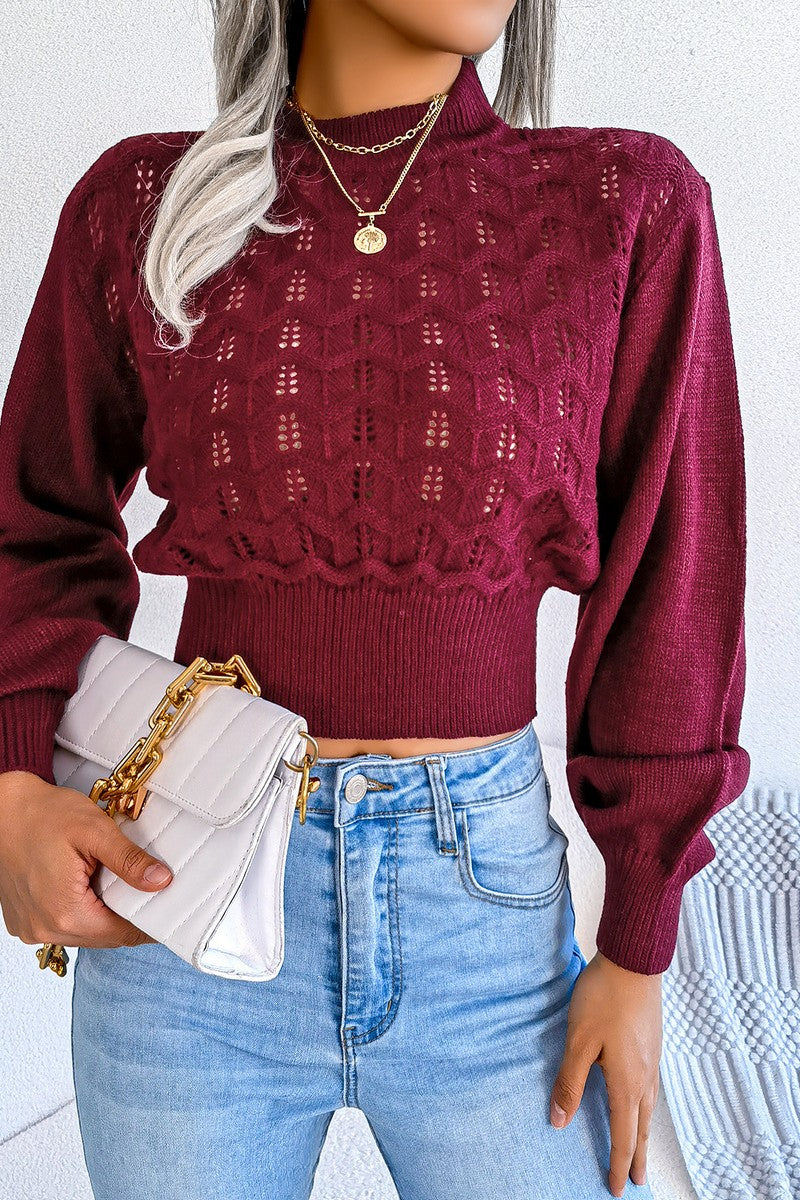 WOMEN CHUNKY CABLE KNIT SHORT CROP SWEATER