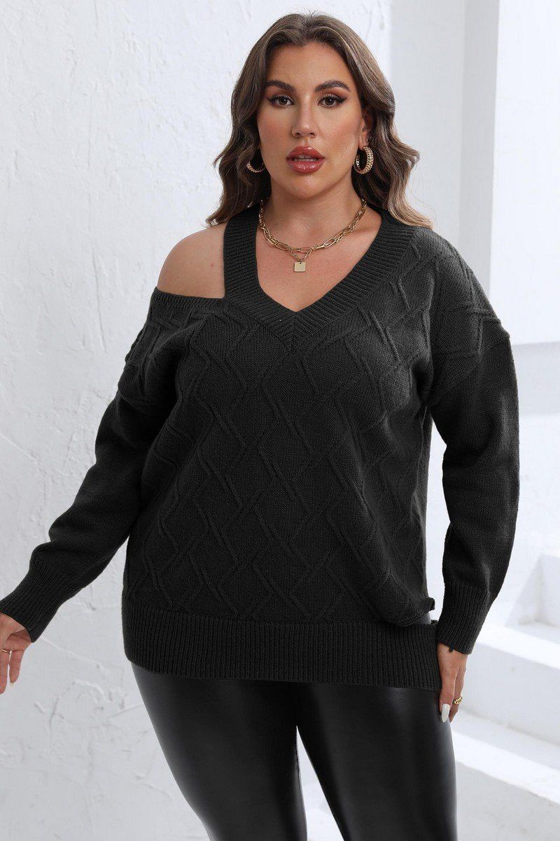 WOMEN PLUS SIZE CABLE KNIT STRAP NECK SWEATER