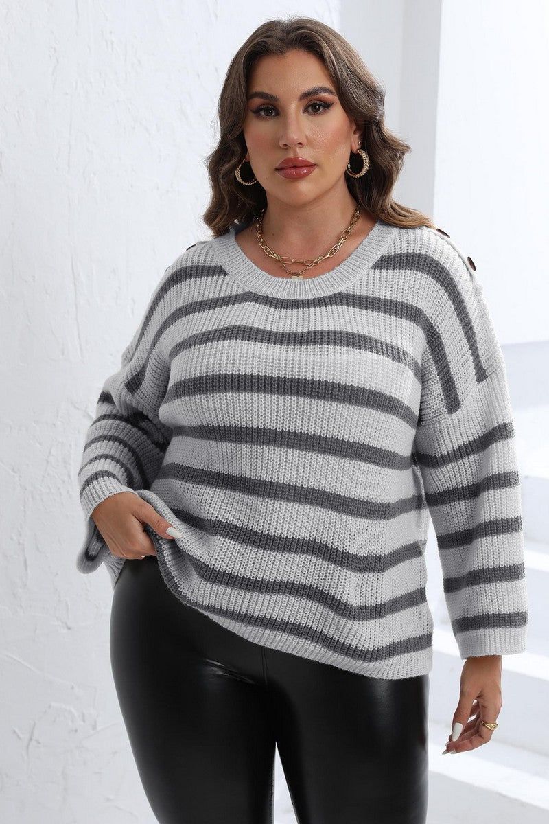 WOMEN PLUS SIZE STRIPE PATTERN LOOSE FIT SWEATER