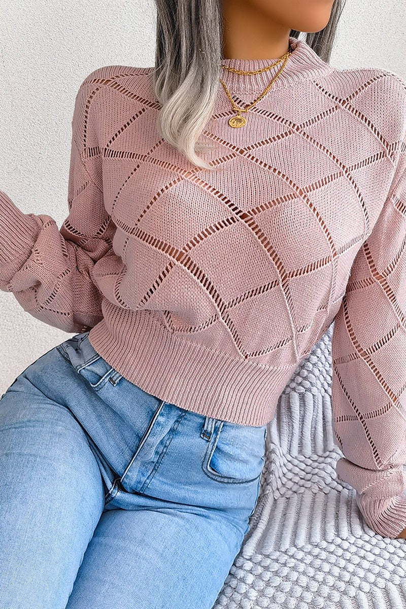 RIBBED HIGH NECK LACE SHORT LENGTH CROP SWEATER