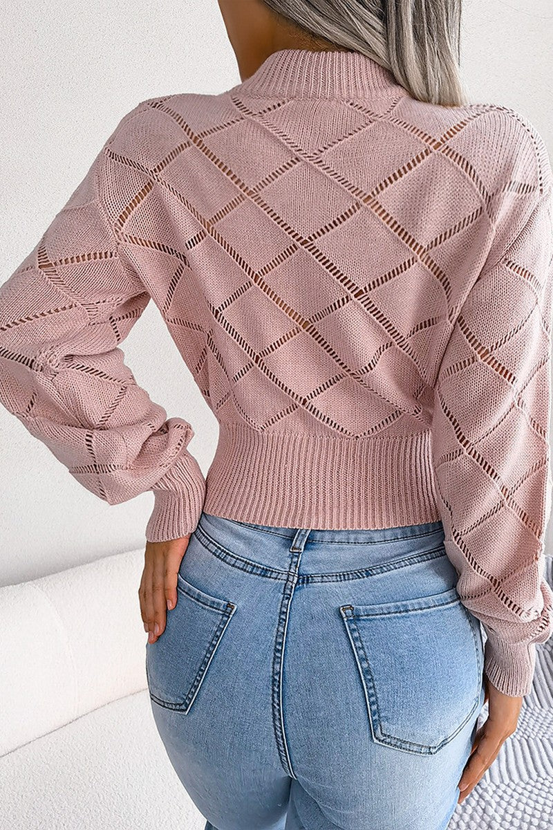 RIBBED HIGH NECK LACE SHORT LENGTH CROP SWEATER