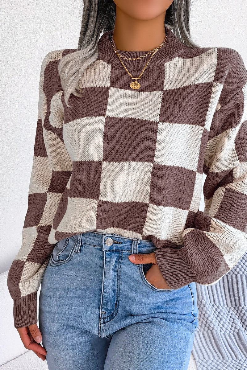 WOMEN PATCHWORK PATTERN LOOSE FIT KNITTED SWEATER