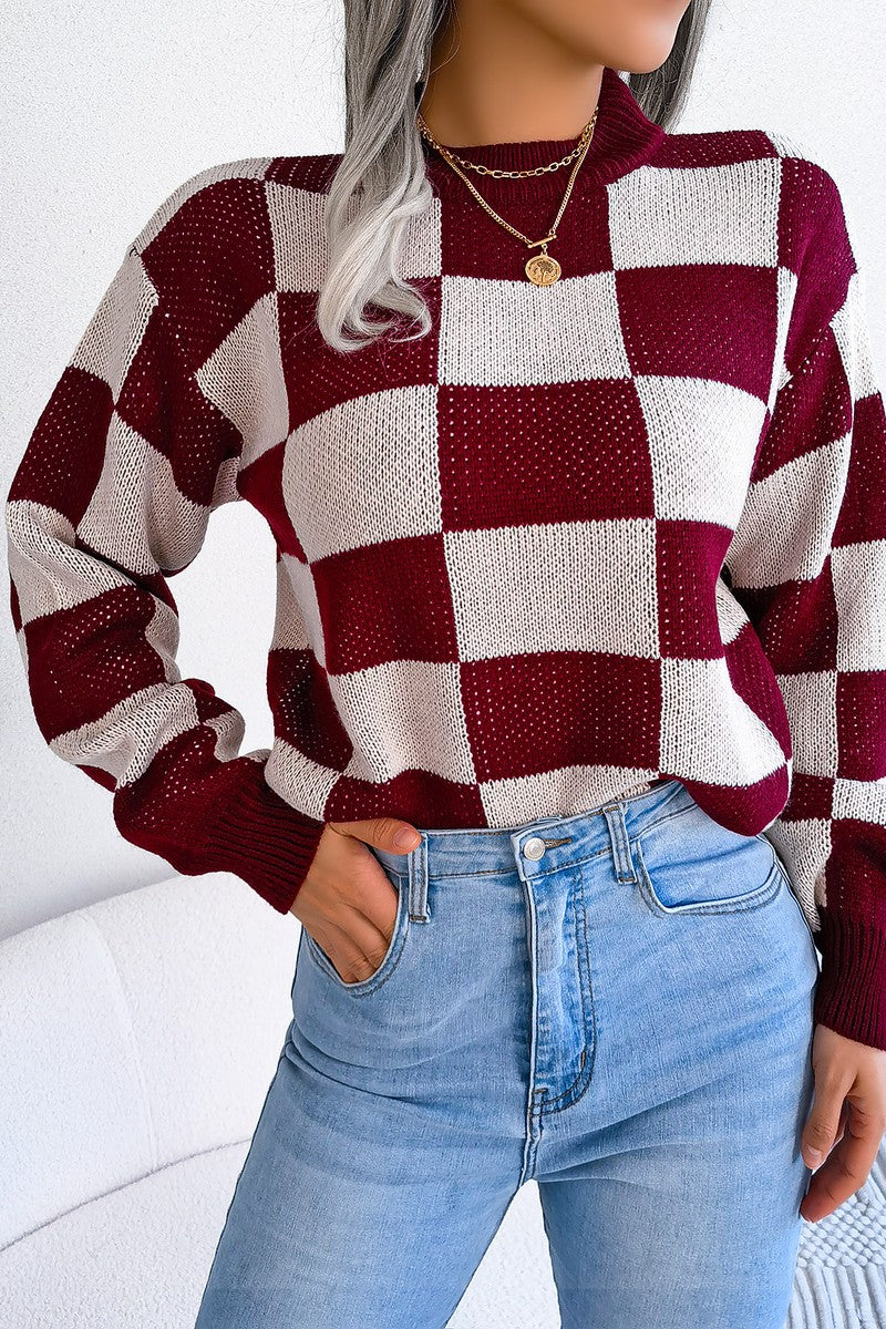 WOMEN PATCHWORK PATTERN LOOSE FIT KNITTED SWEATER