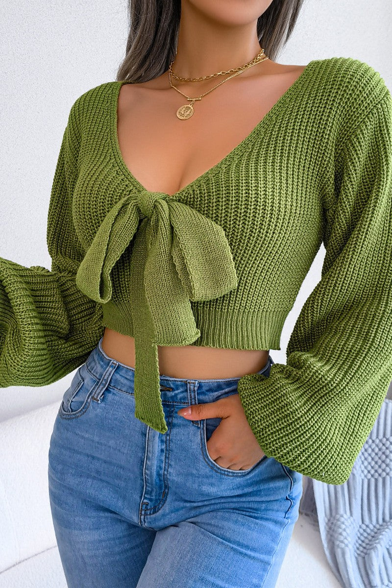 WOMEN FRONT BOW TIED SEXY CROP KNIT SWEATSHIRTS