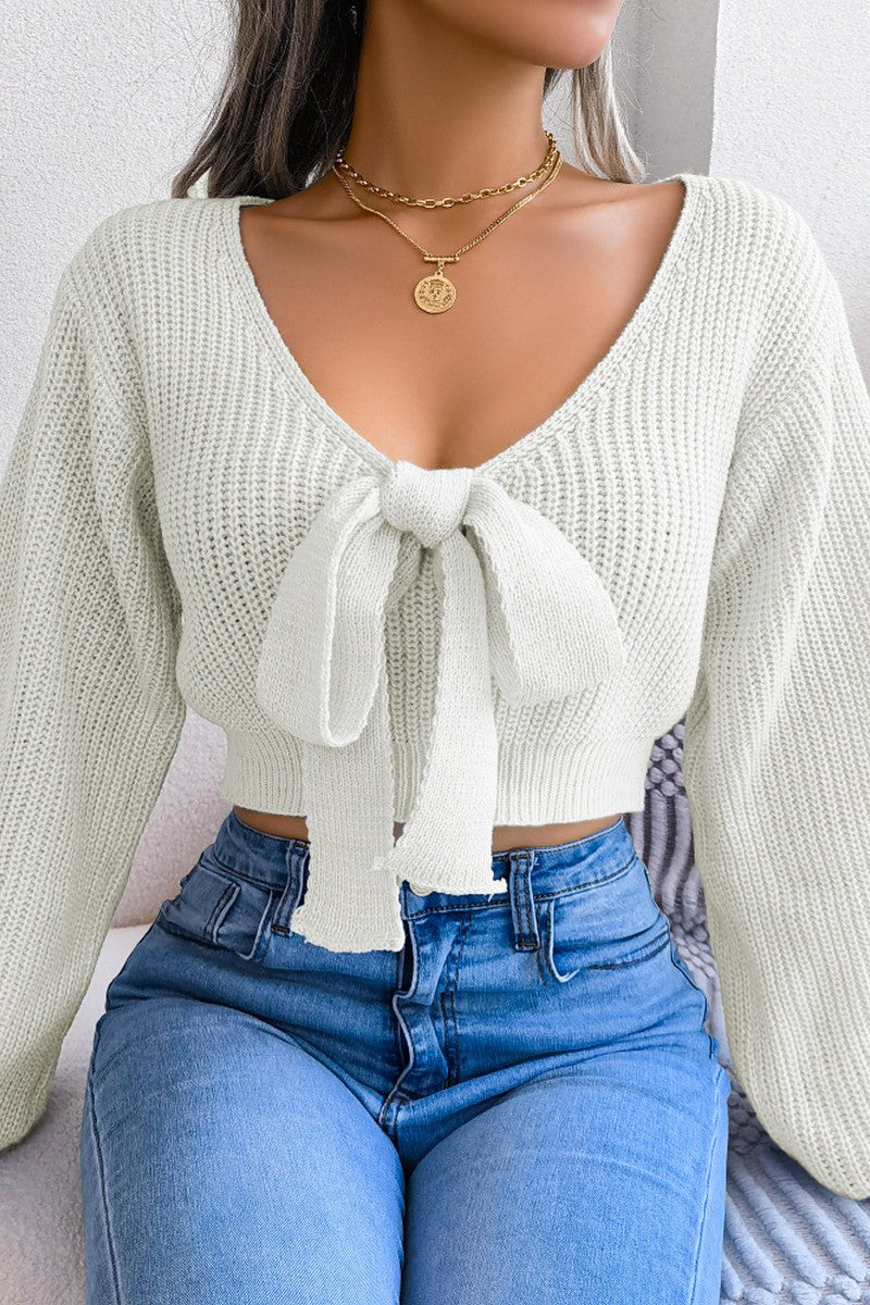 WOMEN FRONT BOW TIED SEXY CROP KNIT SWEATSHIRTS