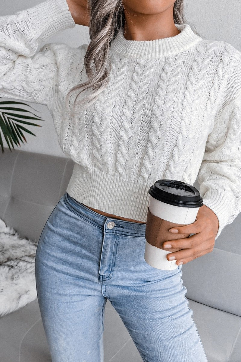 WOMEN CHUNKY CABLE KNIT RIBBED CROP SWEATER