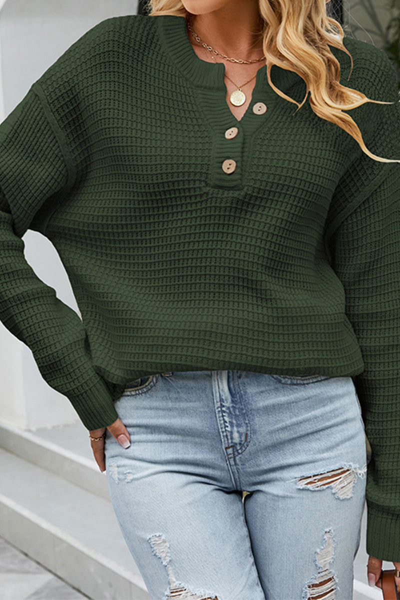 WOMEN HENLEY NECK WAFFLE KNITTED LOOSE SWEATER