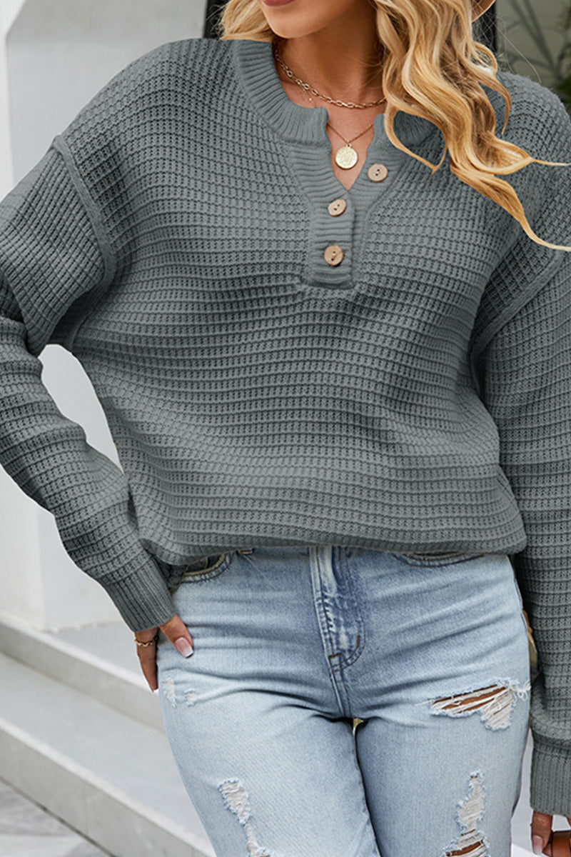 WOMEN HENLEY NECK WAFFLE KNITTED LOOSE SWEATER