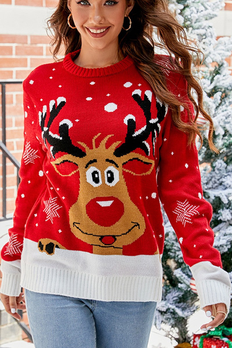 WOMEN LONG SLEEVE DEER PRINTING WINTER SWEATER