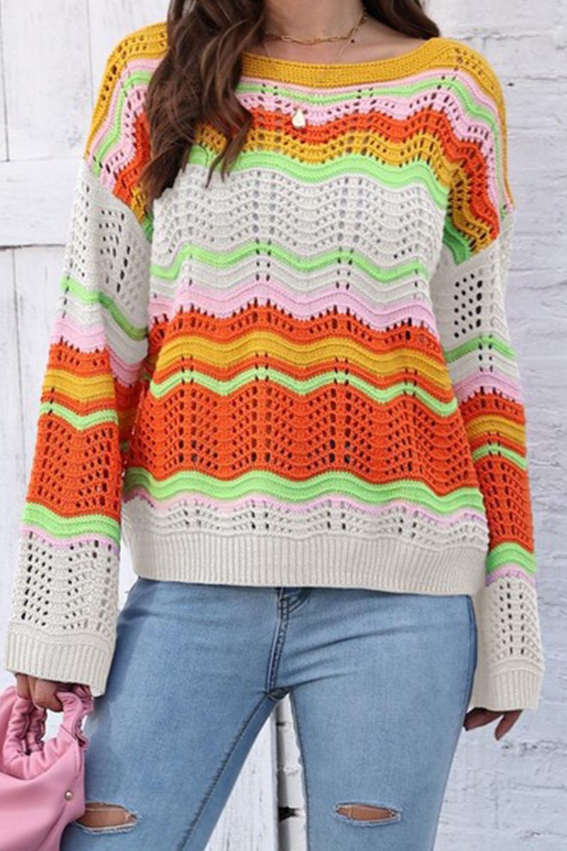 WOMEN COLORFUL WAVE PATTERN CROCHET KNIT TOP