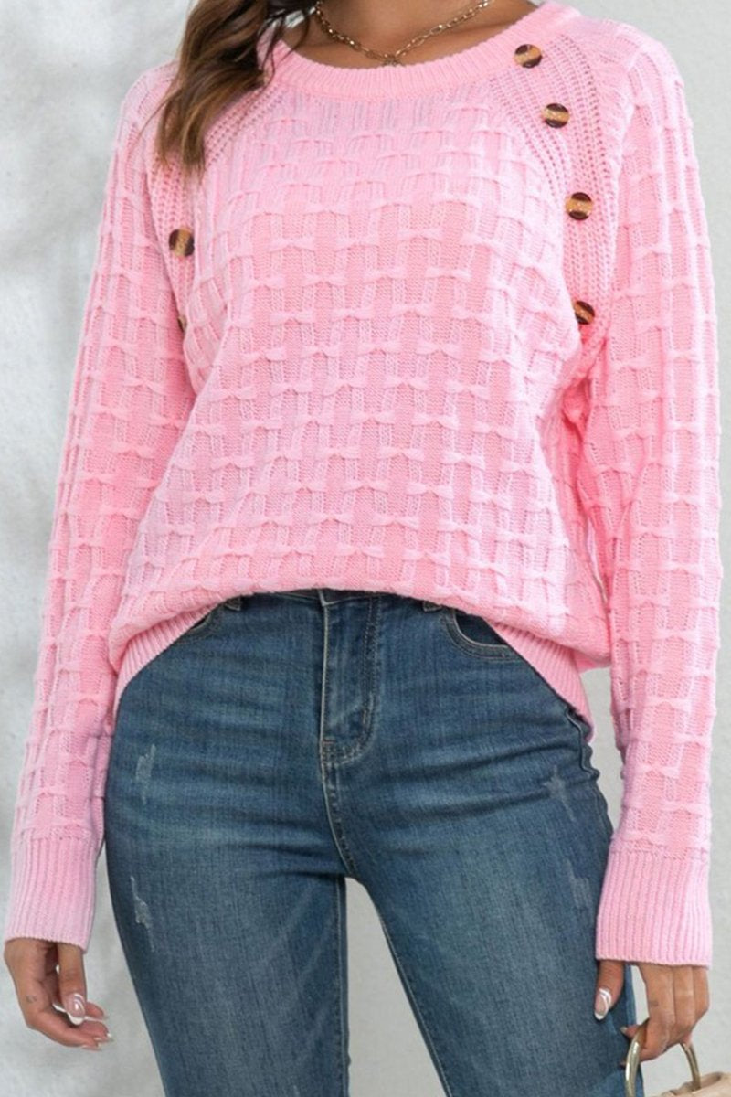 WOMEN WAFFLE LONG SLEEVE BUTTON PULLOVER SWEATER