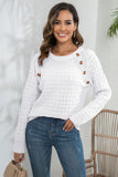 WOMEN WAFFLE LONG SLEEVE BUTTON PULLOVER SWEATER