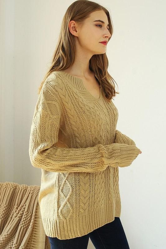 LOOSE FIT CABLE KNIT CASUAL SWEATER - Doublju