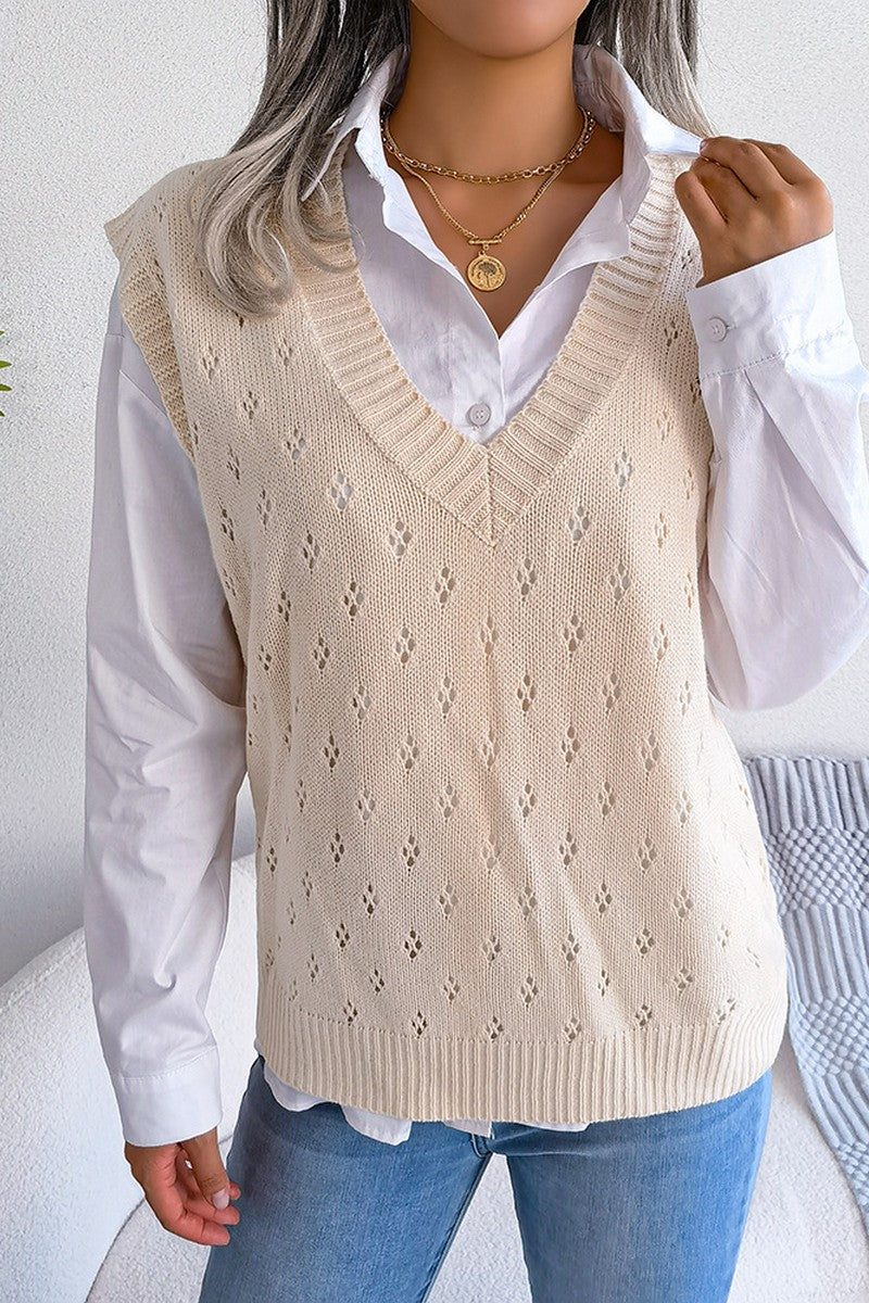 EYELET RIBBED KNIT SWEAT VEST FOR WOMEN