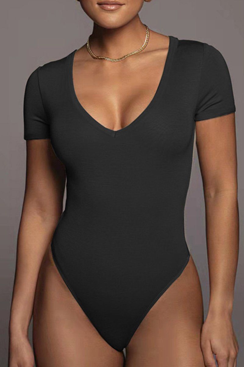 WOMEN SHORT SLEEVE DEEP U NECK BODYSUIT