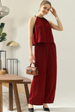 HIGH HALTER NECK SLEEVELESS TOP AND PANTS SET - Doublju