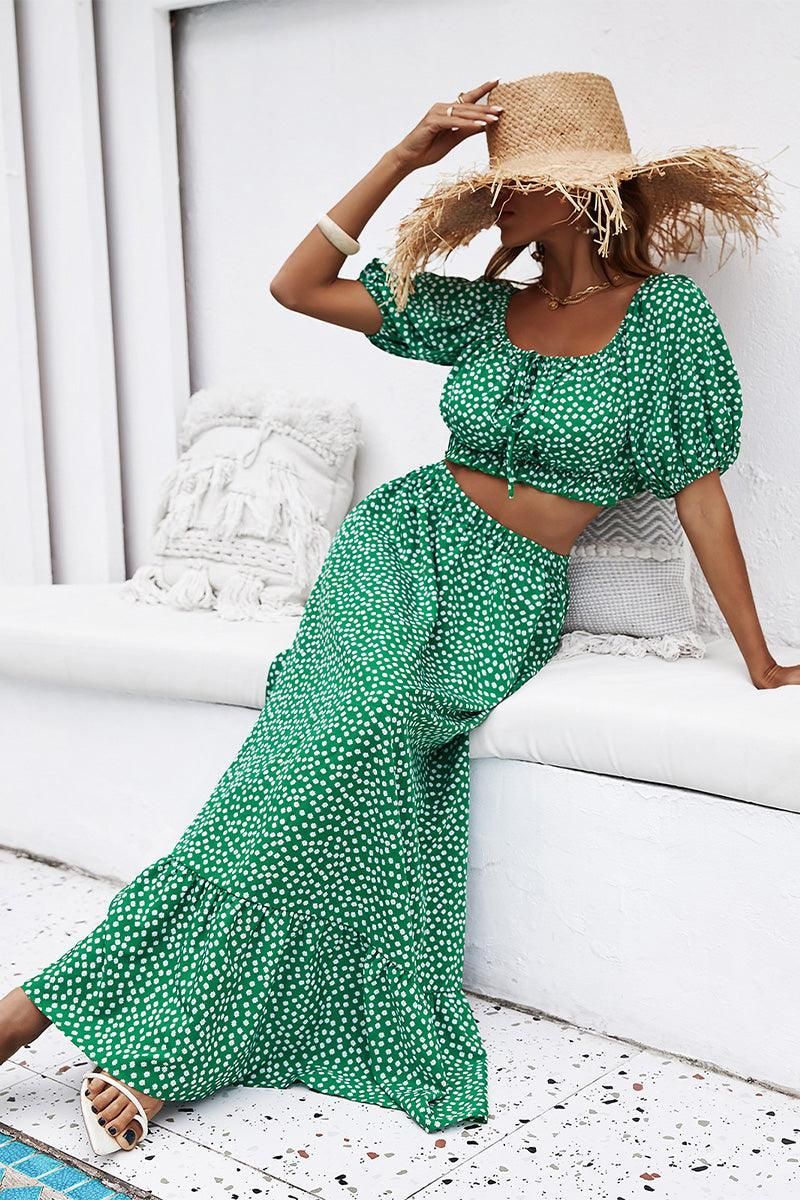 FLORAL PUFF CROP TOP AND LONG FLARE SKIRT SET - Doublju