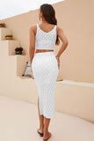 PATTERN HOLLOW KNITTED TANK AND SKIRT SET - Doublju