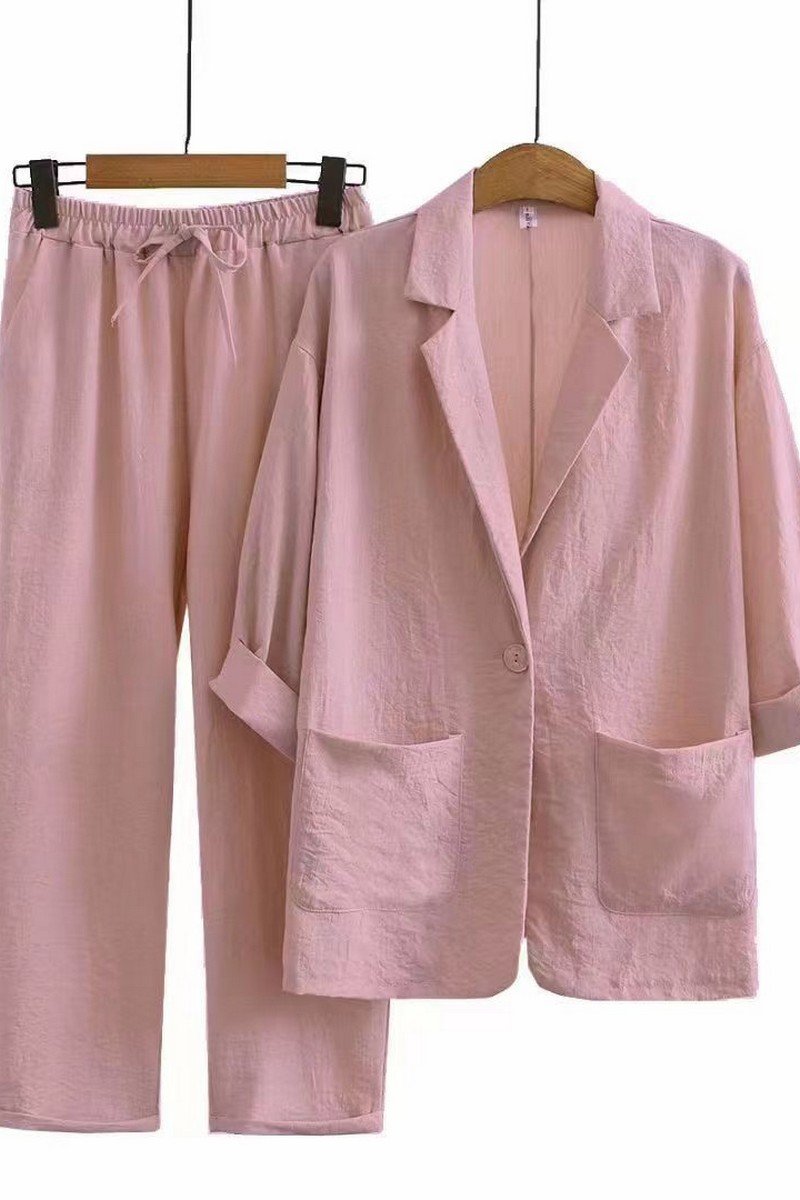 WOMEN SOLID LOOSE FIT LINEN BLAZER AND PANTS SET