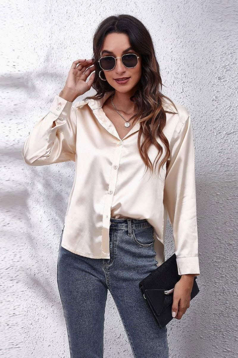 Solid Color Silk Long Sleeved Shirt - Doublju