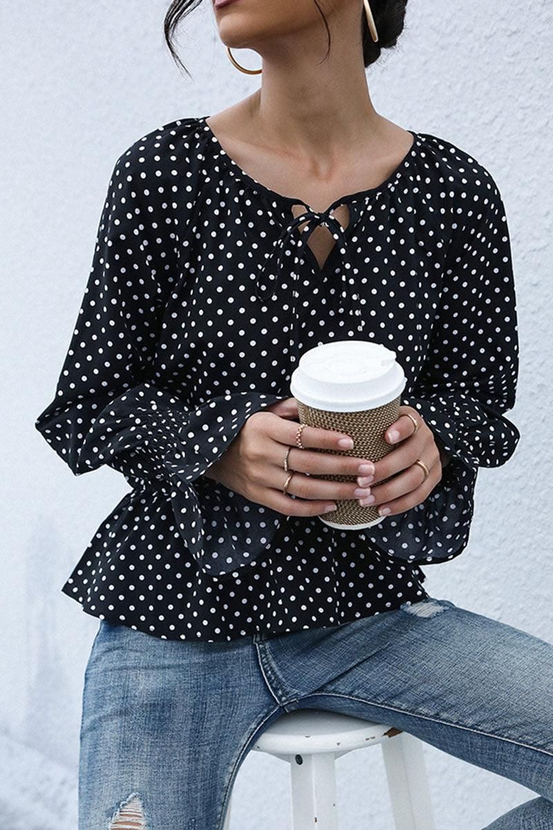 LONG SLEEVE TIED NECK DOT RUFFLE BLOUSE - Doublju