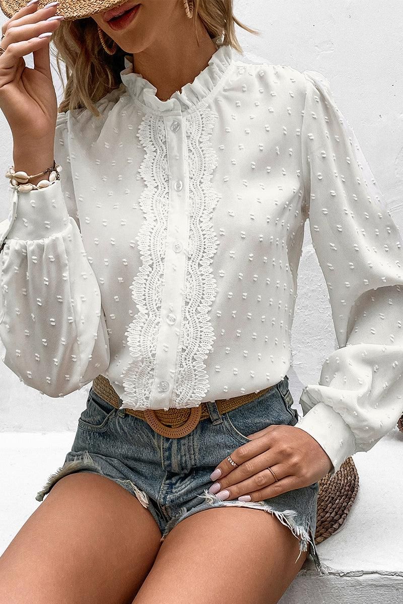 RUFFLED LACE HIGH NECK LONG SLEEVE DOT BLOUSE - Doublju