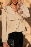 RUFFLED LACE POINT BUTTON UP LONG SLEEVE BLOUSE - Doublju